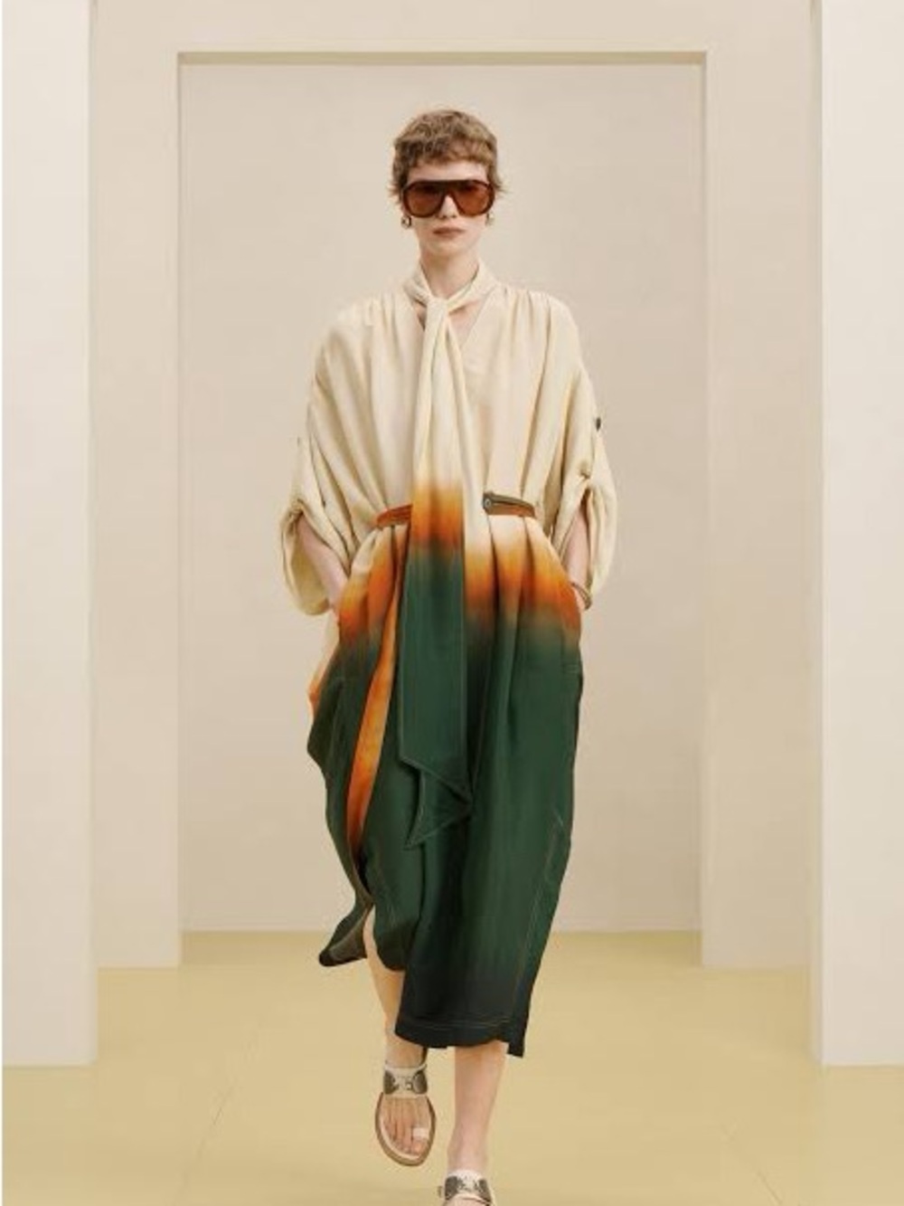 Zara Ombre Tie-Neck Jumpsuit in Cream, Orange & Green Size S without the belt